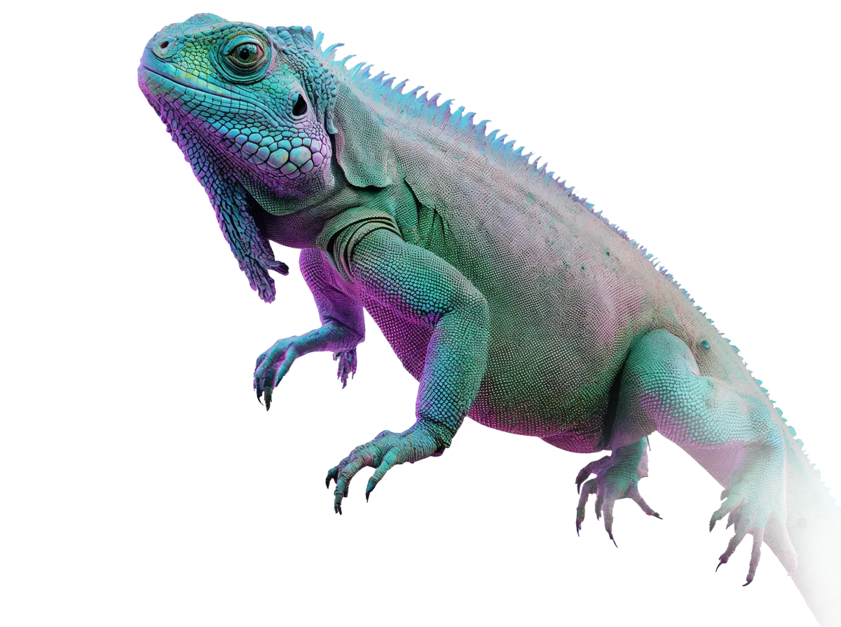 Large, intelligent chameleon or iguana with glowing lights and dark background