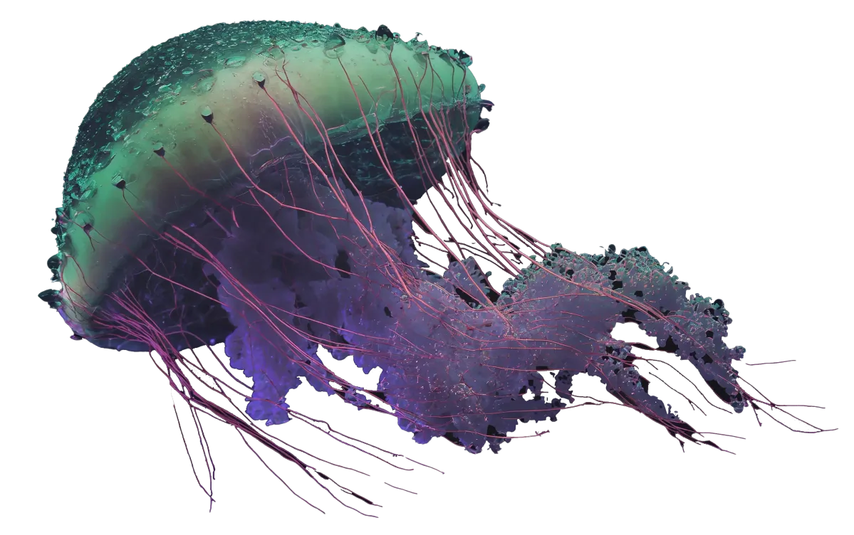 Intelligent jellyfish with glowing tentacles floating in dark digital water