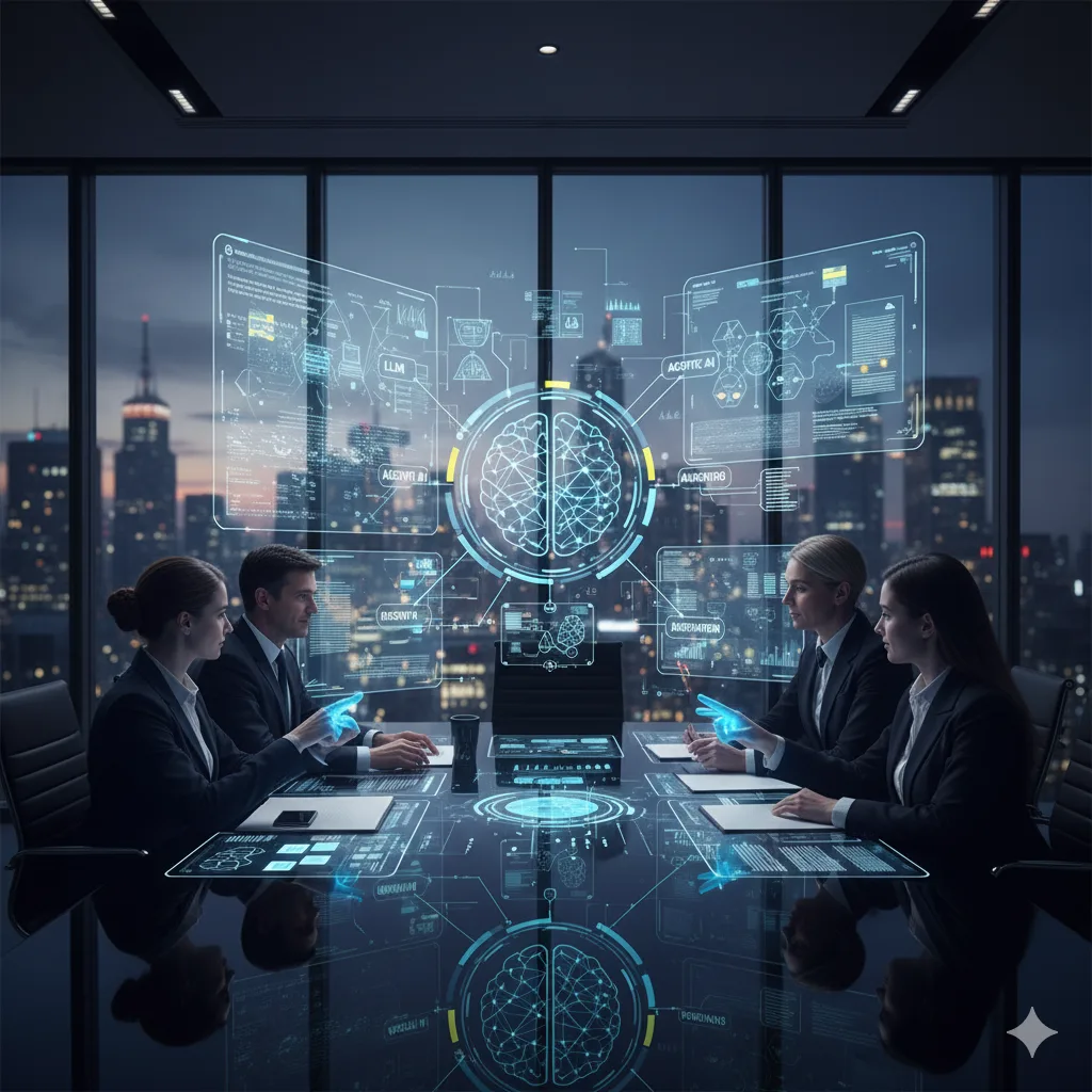 Modern glass office building interior with a blurred city view