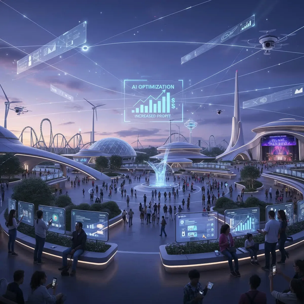 Vibrant digital city view or theme park at night