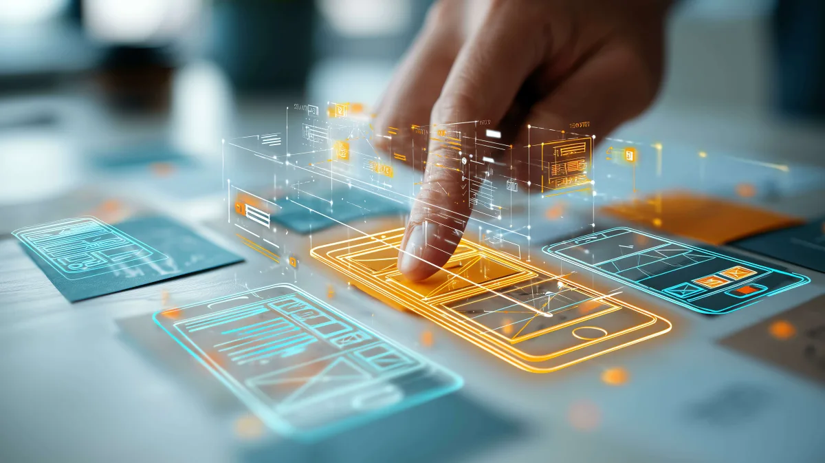 Digital lines connecting mobile phones and code for hybrid app development