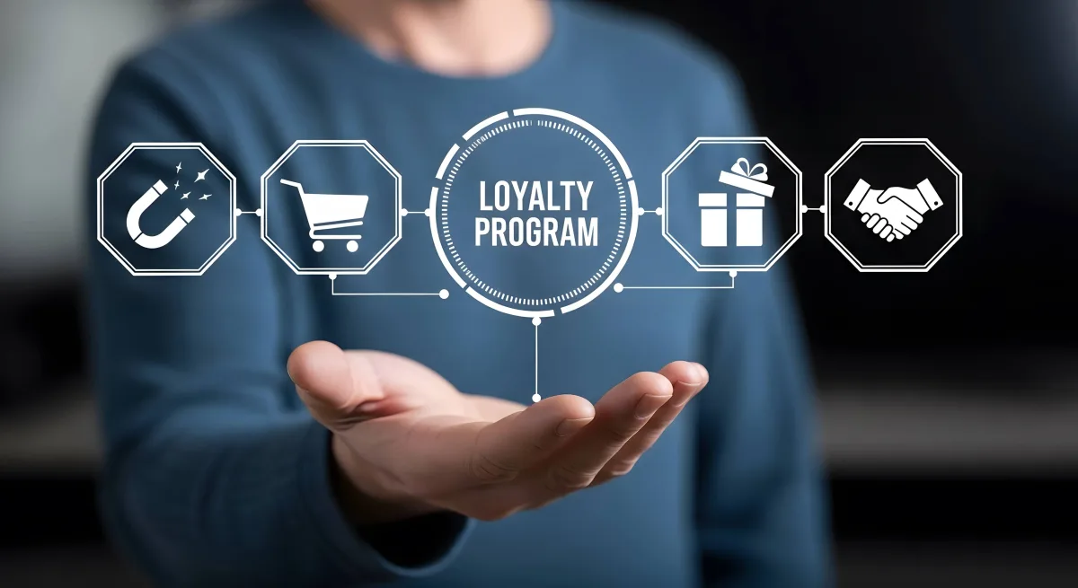 Hand pointing at a loyalty rewards screen on a digital tablet
